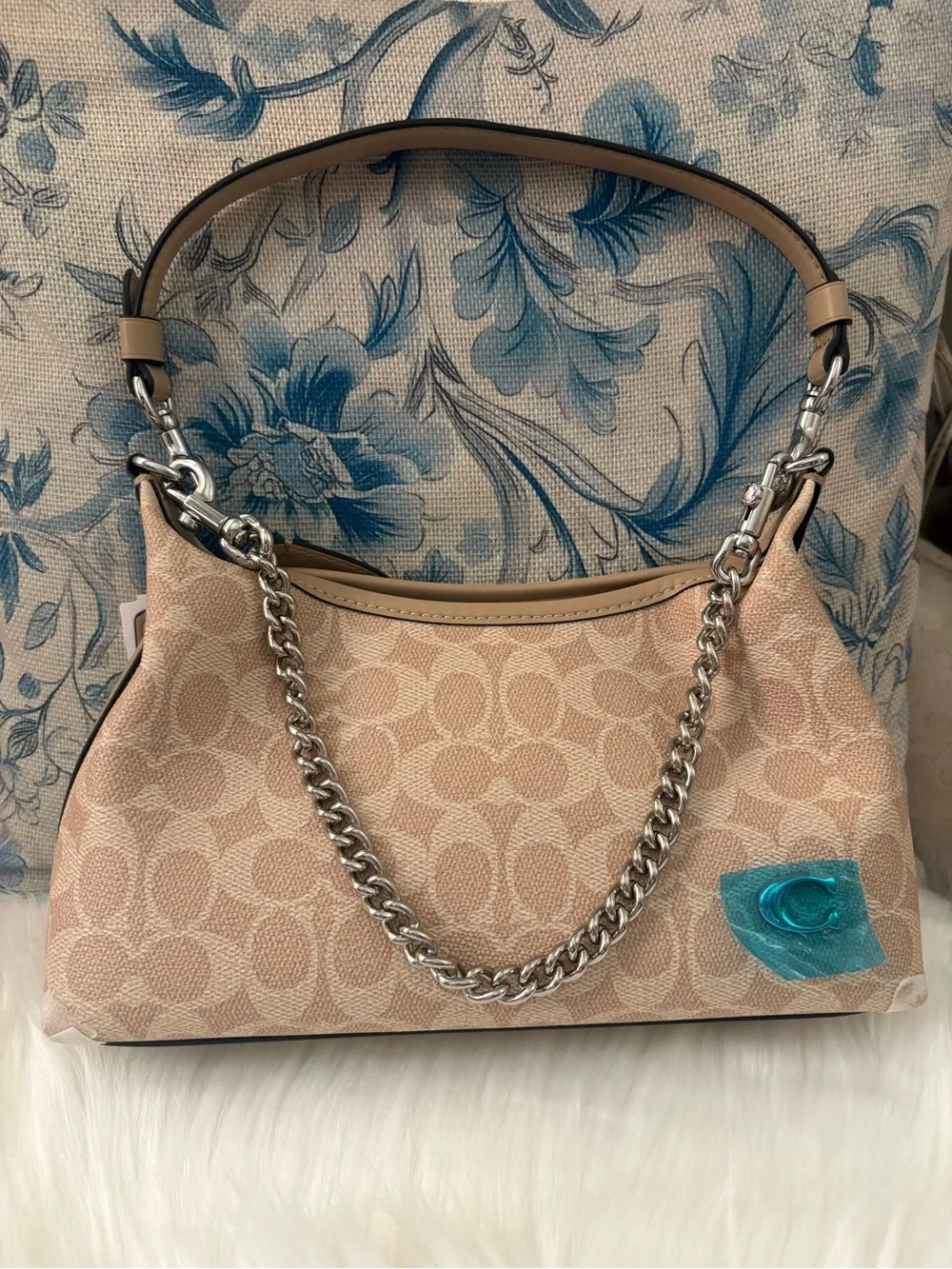 Coach Beige Signature Canvas Hobo with Silver Chain Detail